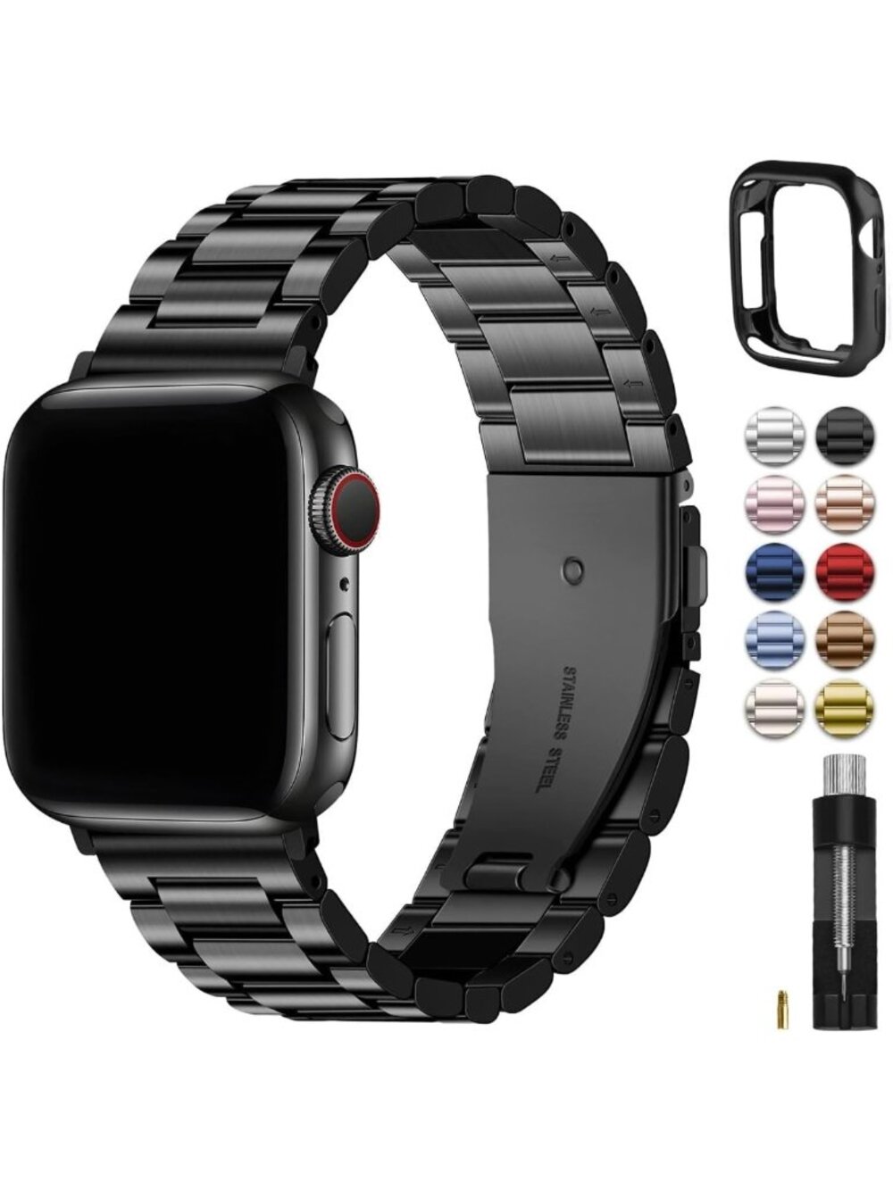 Stylish Stainless Steel Apple Watch Band 46mm, Metal Strap with Case, Black